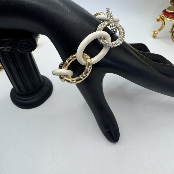 Brighton Gold-tone White Enamel Rhinestone Large Link Chain Bracelet Adjustable - Picture 4 of 9